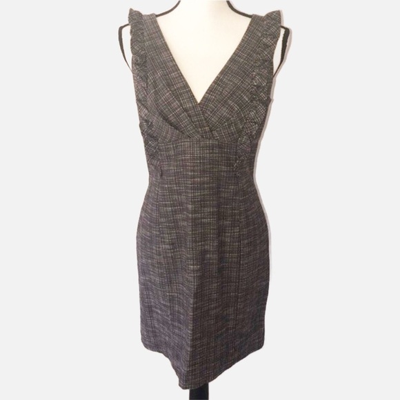Cynthia Steffe Dresses & Skirts - Cynthia Steffe Brown Deep V Ruffle Dress Size 6 Leather Trim Zipper Sleeveless